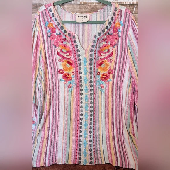 Savannah Jane Embroidered V Neck Tunic With Embroidery On Bell Sleeves - Picture 2 of 16